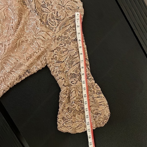 Lace Floral Semi Sheer Overlay Tan Sequin Midi Bubble Sleeve Dress Size 12 - Picture 8 of 11